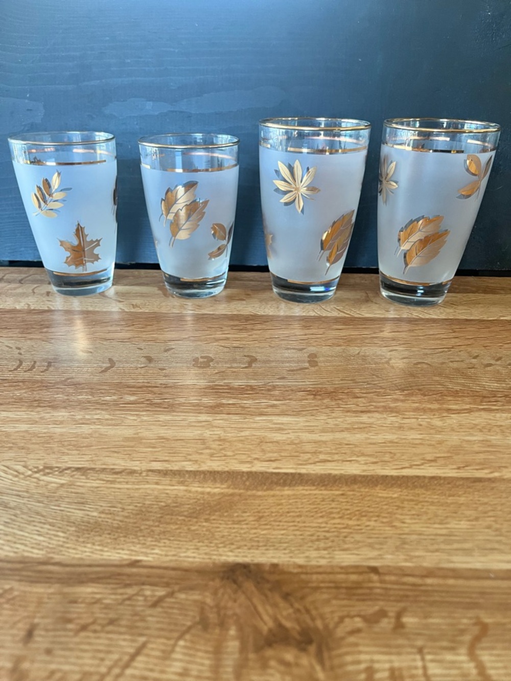 Vintage Libbey Frosted Glass Tumblers with Gold Leaf Motif